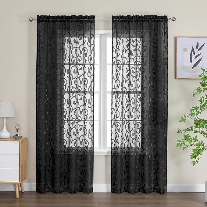 Furman Black Sheer Curtains 72 inches Long 2 Panels Set, Light Filtering Top by OWENIE
