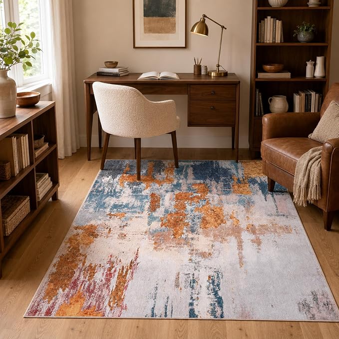 Area Rug 4x6 Orange Blue Rug Washable Boho Rugs Non Slip Low Pile Abstract - Image 3