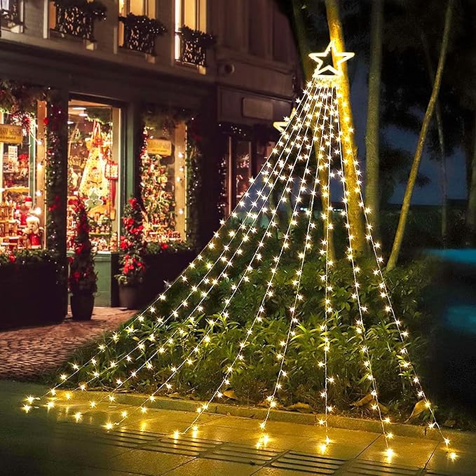 FUNIAO Christmas Lights, 320 LED String Lights with 12" Plastic Star Tree Topper, 8 Modes Outdoor Waterproof Christmas New Year Parties, Yard, Garden, Home Decor (Warmwhite)