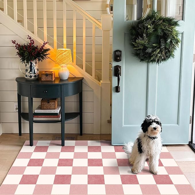 Pink White Checkered Entry Rug - Image 5