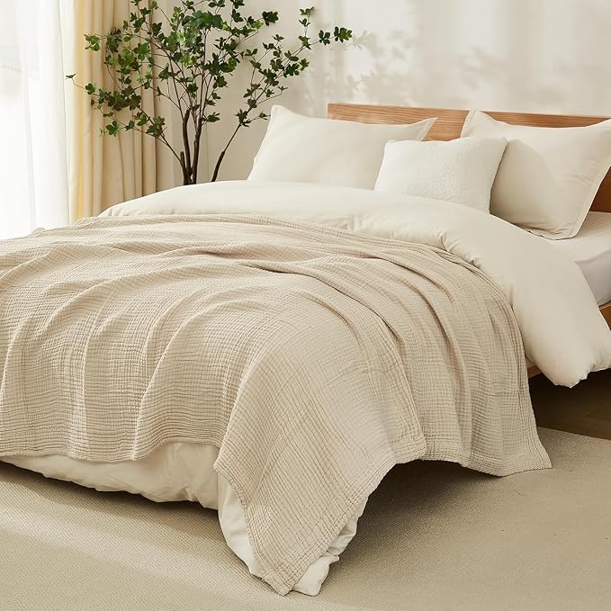 EMME Cotton Blanket Queen Size for Bed Soft Muslin Bed Blankets 90"x90" Beige - Image 8