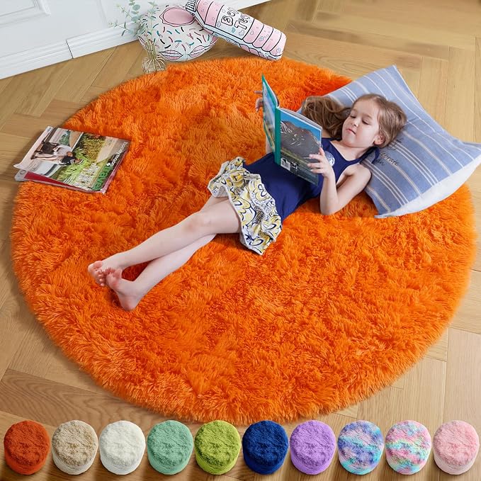 Amdrebio Orange Large Round Shaggy Area Rug 6Ft by Amdrebio