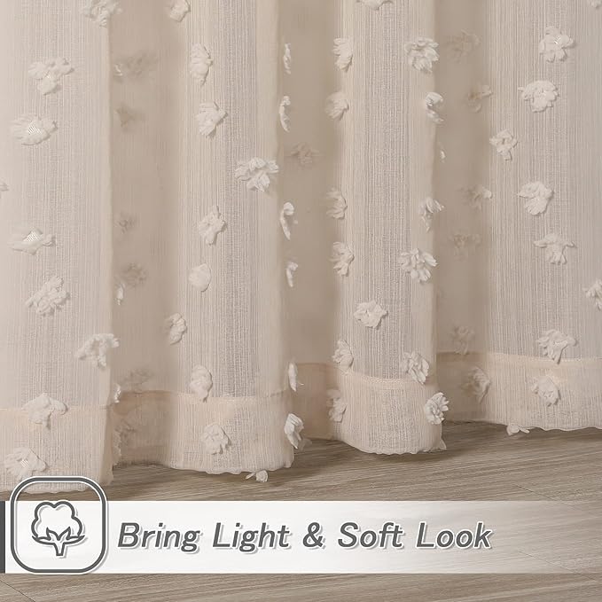 MYSKY HOME Pom Pom Beige Sheer Curtains for Bedroom Girls Room Curtains for Nursery Kids Light Filtering Boho Window Drapes, Rod Pocket, 52 x 95 Inches, 2 Panels
