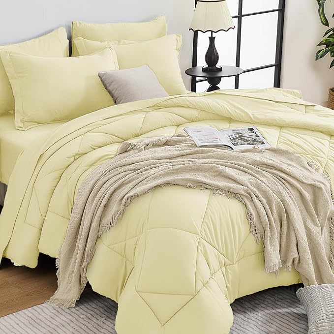 HEVUMYI Cream Yellow Twin Comforter Set - 5-Piece All Season Bed in a Bag Twin, Ultra Soft Bedding Set with Comforter, Flat Sheet, Fitted Sheet, Pillowcases, Pillow Shams