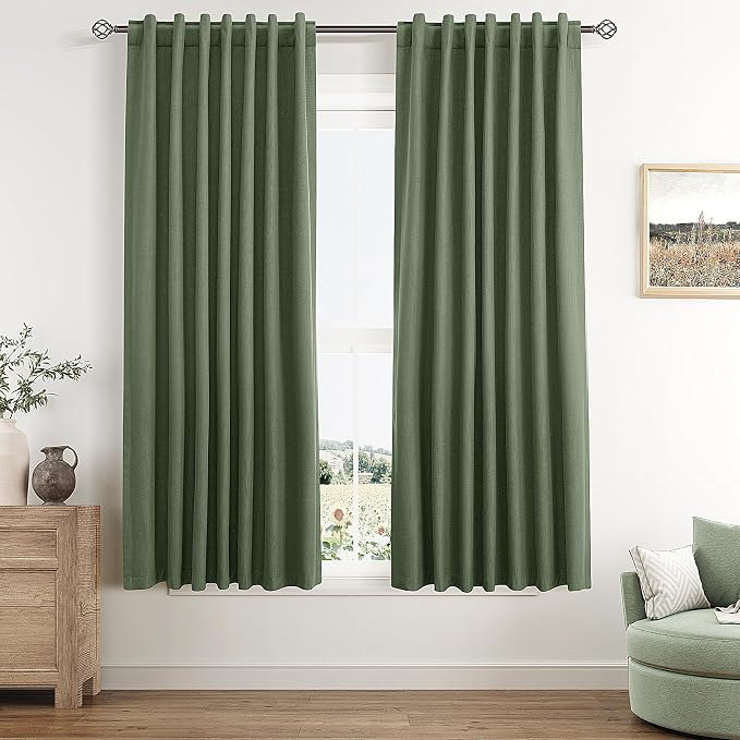 Olive Green 100% Blackout Curtains 63 Inch Length 2 Panels Set by Guken