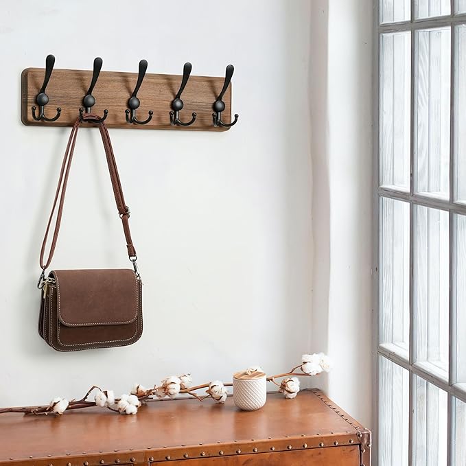 WEBI Rustic Coat Rack Wall Mount,Solid Wood Coat Hooks Wall Mounted Coat Hanger,16" Hole to Hole,Hook Rack Rail,5 Triple Hooks for Hanging Coats,Jacket,Clothes,Brown