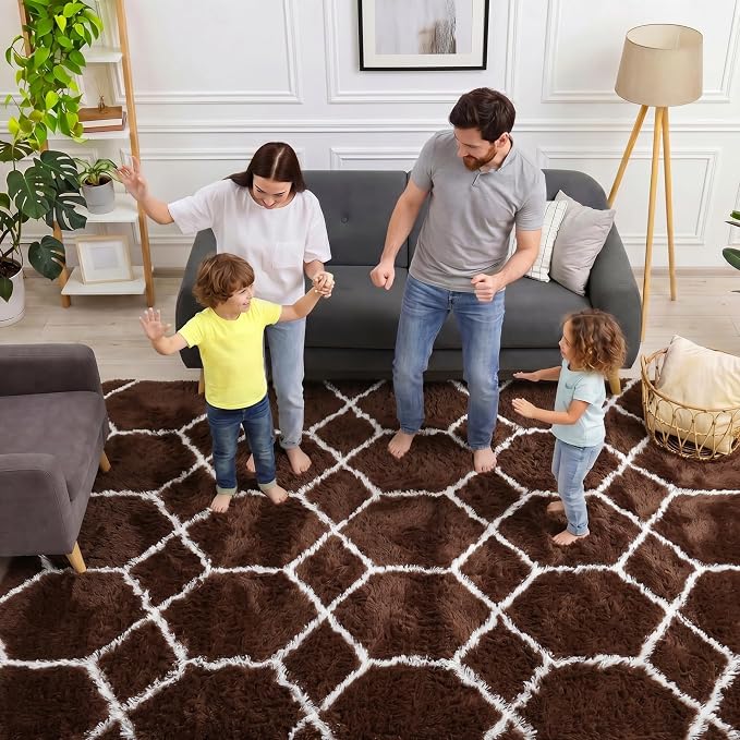 5x7 Area Rugs for Living Room Bedroom, Fluffy Brown and White Geometric Rug | - Image 3