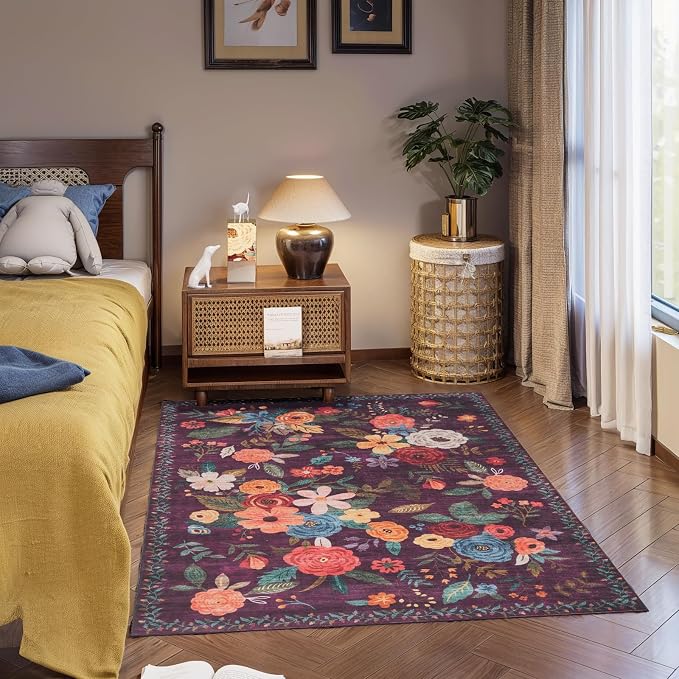 Area Rug 4x6 Rug Washable Boho Rugs | Non Slip Low Pile Floral Small Carpet - Image 6