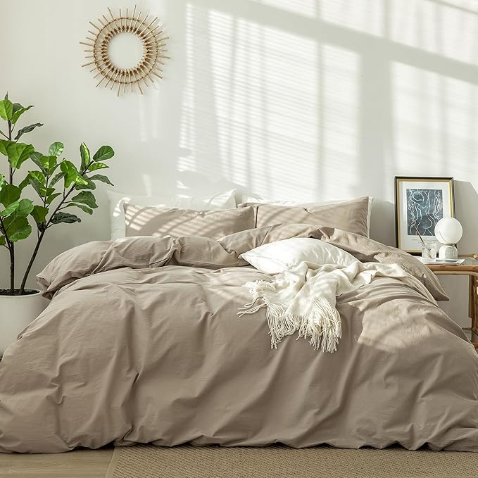 MooMee Bedding Duvet Cover Set 100% Washed Cotton Linen Like Textured Breathable Durable Soft Comfy (Solid Light Camel, Cal King 104"x98")