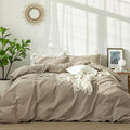 MooMee Bedding Duvet Cover Set 100% Washed Cotton Linen Like Textured Breathable Durable Soft Comfy (Solid Light Camel, Alaska King 132"x120")