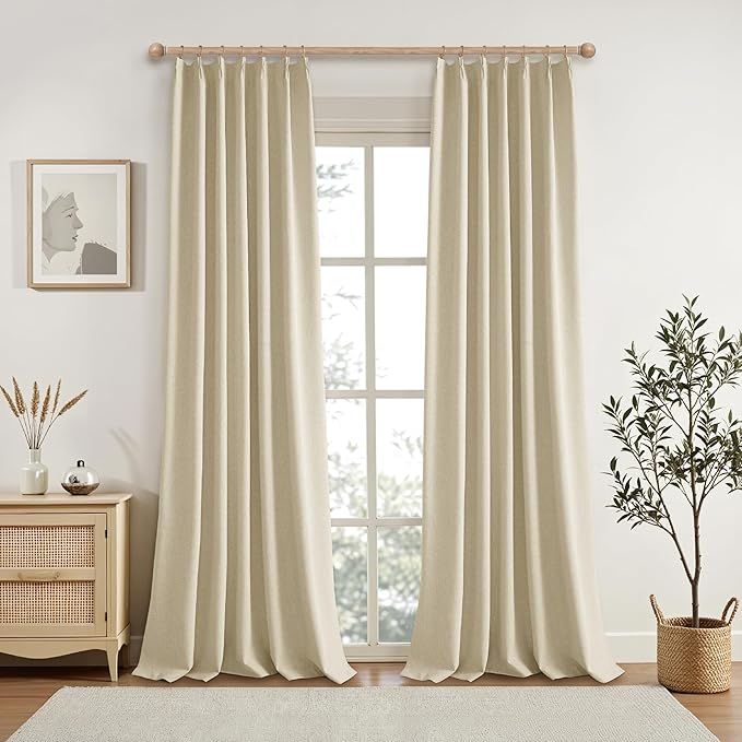 KangBang 95 Inch Beige Blackout Curtains Pinch Pleated Drapes for Living Room, Energy Efficient Linen Textured Window Panels for Bedroom Dorm, Soft & Vertical Home Decor, Natural Beige,52x95