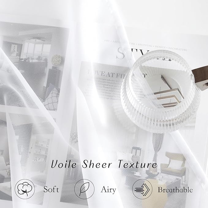 NICETOWN White Sheer Curtains 96 inches Long, Grommet Light Filtering Voile Sheer Window Treatments Lightweight & Breathable Drapes for Bedroom/Living Room, W42 x L96, 2 Panels