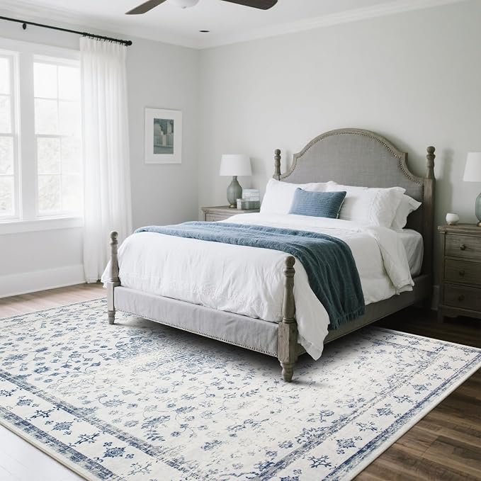 8x10 Washable Area Rugs for Living Room, Dining Room- Blue White | Retro Floral - Image 7