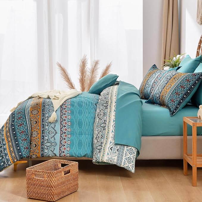 Cottolester Boho Queen Comforter Set 8 Pieces,Teal and Yellow Bohemian Comforter Paisley Striped Bed in A Bag,Soft Microfiber Bedding Set for All Season