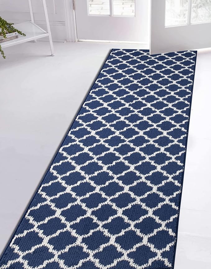 Custom Size Cut to Length Moroccan Trellis Design Runner Rug Mat For Wide Long Hallways with Non-Slip Rubber Backing, Better Traction for Pets, Prevent Slippage, Trellis Navy Blue, 31 inch X 17 feet