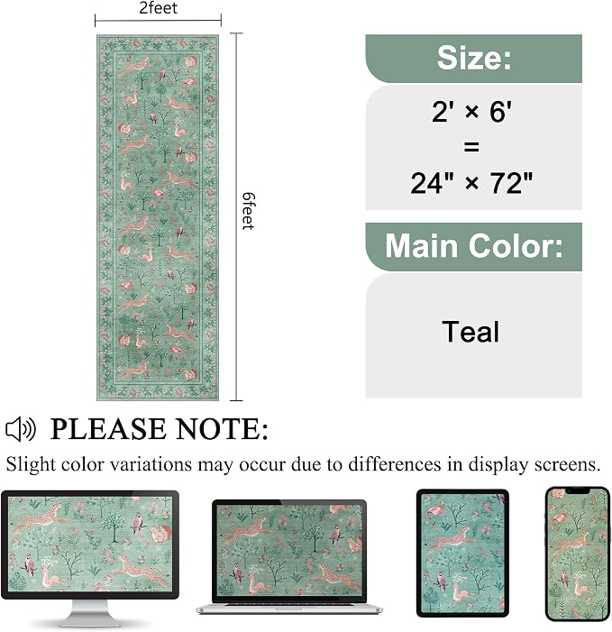 DUKINO 2x6 Runner Rug, Washable Animal Kitchen Rugs Non Slip, Teal | Soft - Image 2