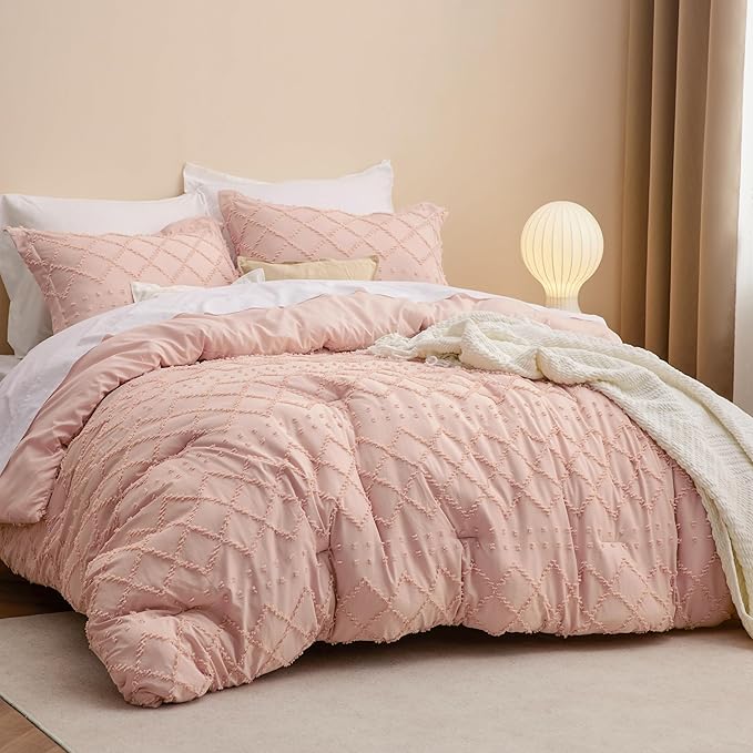 Bedsure Full Comforter Set - Coral Pink Comforter, Boho Tufted Shabby Chic Bedding for Kids, 3 Pieces Vintage Farmhouse Bed Set for All Seasons, Fluffy Soft Bedding with 2 Pillow Shams