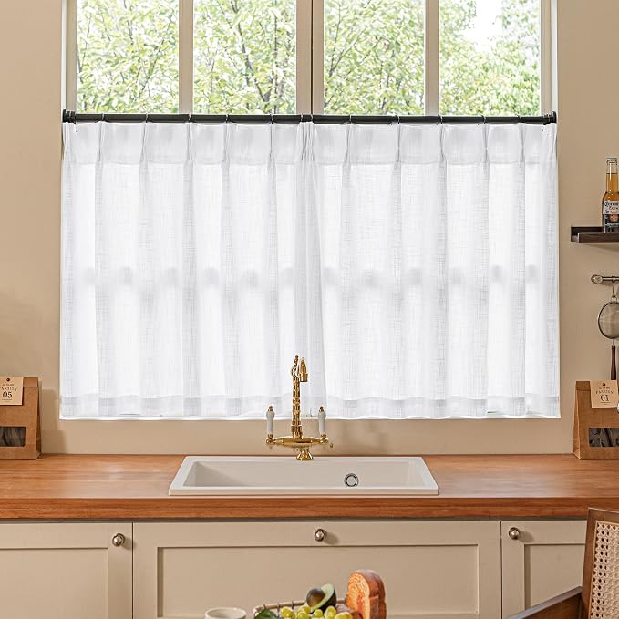 White Linen Kitchen Window Curtains 2 Panels Pinch Pleated 24 Inch Length | - Image 9