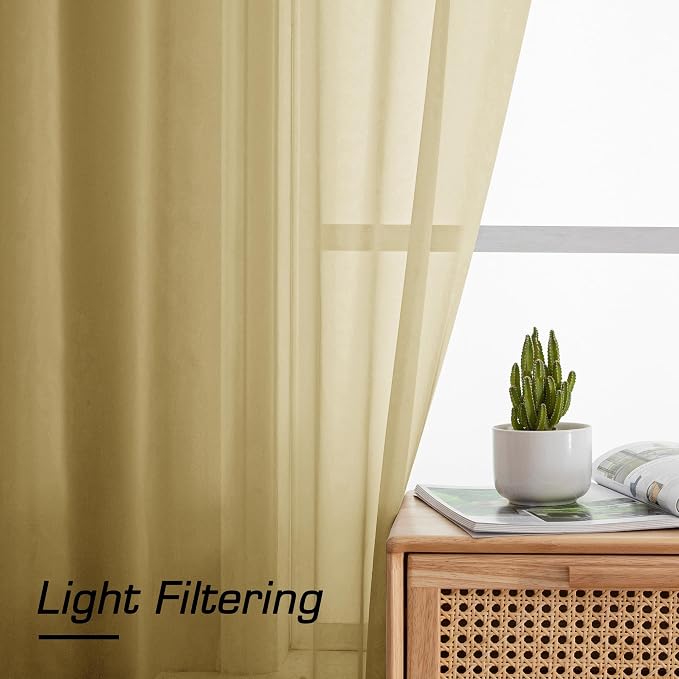 Simplebrand Gold Sheer Curtains 84 Inches Long 2 Panels, Light Filtering Rod - Image 2