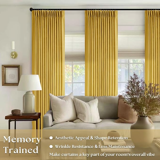 Mustard Yellow 80 Inch Pinch Pleated Linen Light Filtering Curtains 2 Panels - Image 2