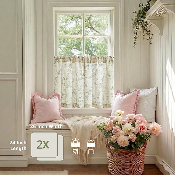 Green on Beige Linen Kitchen Curtains Rod Pocket 26W X 24L 2 Panels | Elisa - Image 4