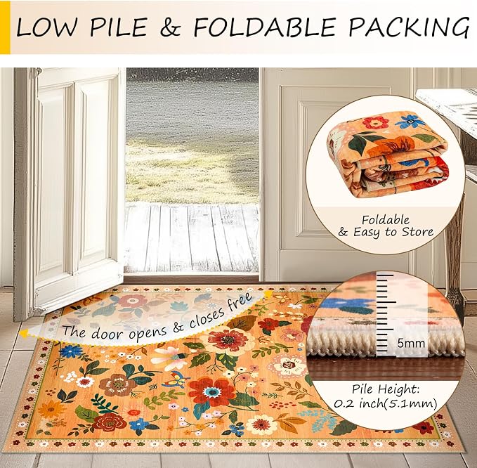 RELEANY Floral Washable 4x6 Area Rugs Yellow/Orange/Red | Flower Carpet Print - Image 3