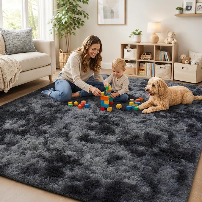 PLHXFR 6x9 Area Rugs Living Room: Fluffy Bedroom Soft Shag Rug Black Grey | - Image 8