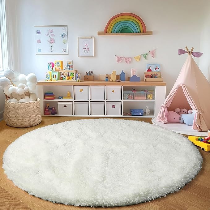 Cream White Round Area Rugs 6ft, Fluffy Soft Bedroom Circle Rug Floor Mat - Image 5