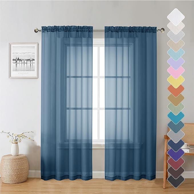 Dusty Blue Sheer Curtains 72 Inches Long 2 Panels, Light Filtering Voile by Lecloud