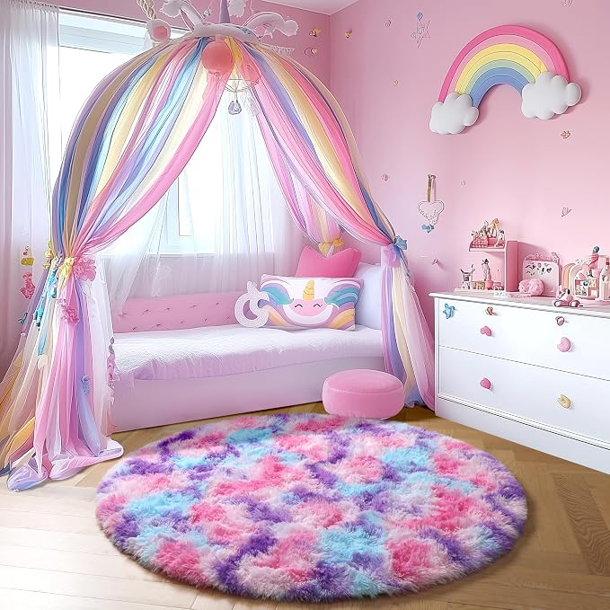 Amdrebio Pink Blue Purple Small Round Circle Rug 3Ft - Image 3