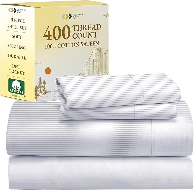 California Design Den California King Sheet Sets - 400 Thread Count Sateen, Natural 100% Cotton Sheets, Deep Pocket Cooling and Durable Bedding Set - Pinstriped