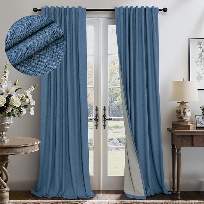 Denim Blue Blackout Curtains & Drapes 84 Inch Length 2 Panels Set Faux Linen by Pitalk