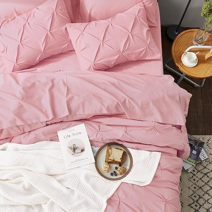 Bedsure Queen Comforter Set Baby Pink - Bed in a Bag Queen Size Bedding 7 Pieces, GentleSoft™ Pintuck Bed Set Gift for Family, Pinch Pleat All Season Comforter with Sheets, Pillowcases & Shams