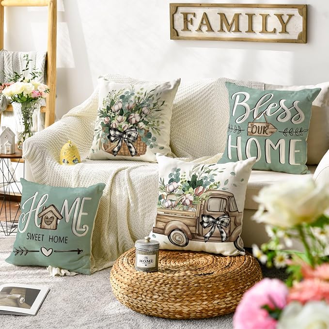 AVOIN colorlife Bless Our Home Farmhouse Eucalyptus Leaves Throw Pillow Covers - Image 2