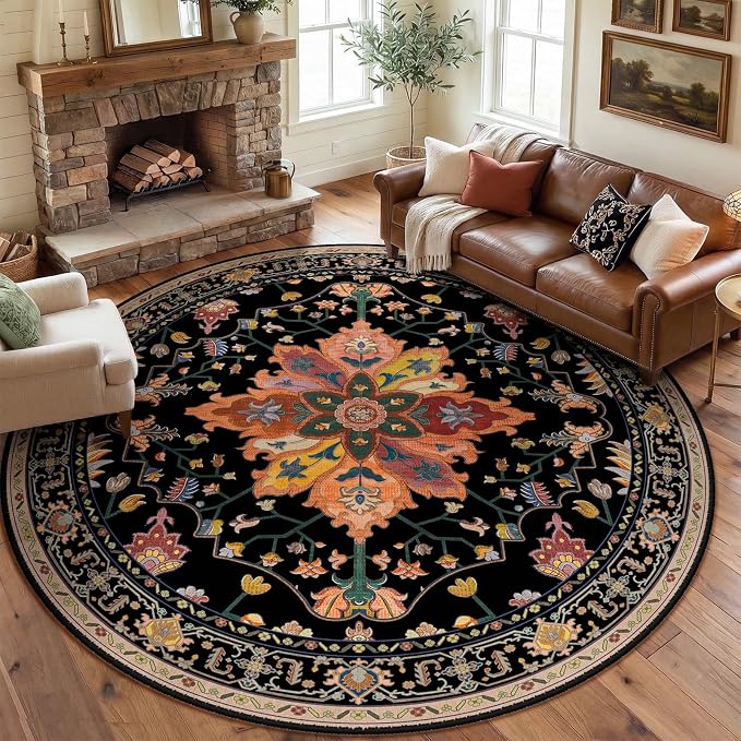 RELEANY Washable Area Rug, Round 8ft, Water Repellent, Pet Friendly, Vintage by RELEANY