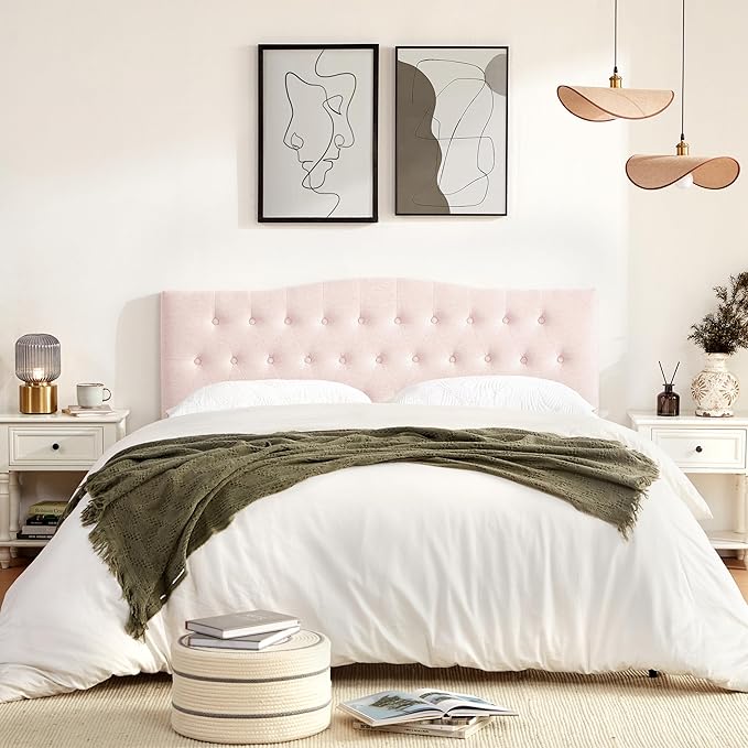 Tufted Upholstered Headboard Queen Size, Sturdy and Durable Solid Wood Bed headboard, Fabric Headboard Adjustable Height from 37” to 51”, Modern Button Diamond Design Head Board, Pink