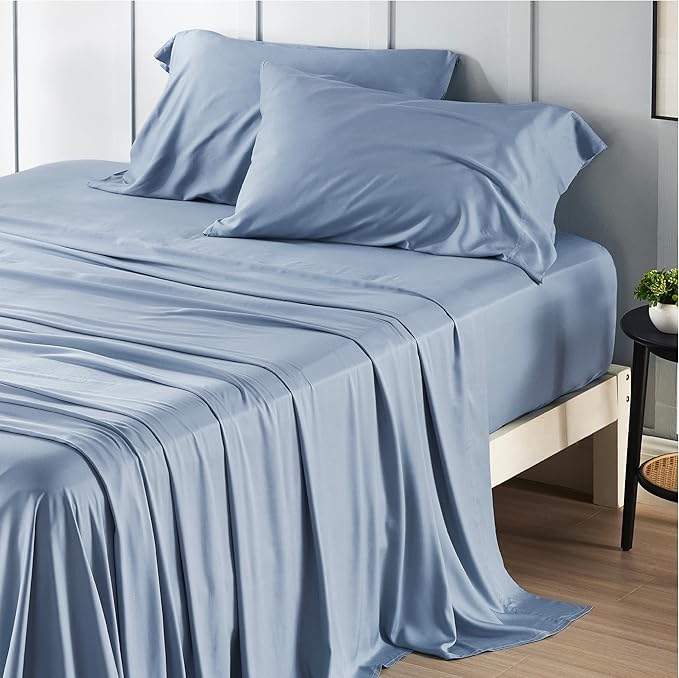 Bedsure Cooling Sheets Twin XL, Rayon Derived from Bamboo, Breathable & Soft Twin XL Sheet Sets, Deep Pocket Up to 16 Inches, Hotel Luxury Silky Dorm Bedding for Hot Sleepers, Dusty Blue