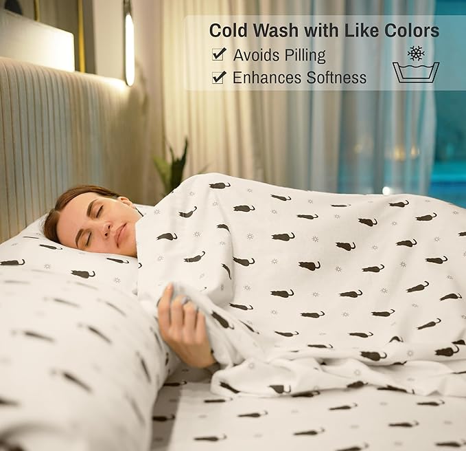 RUVANTI Flannel Sheets King Size - 100% Cotton Brushed King Size Sheets Set - Deep Pockets 16 Inches Bed Sheets - All Seasons Breathable & Extra Soft - Warm & Cozy, 4 Piece, Black Cat