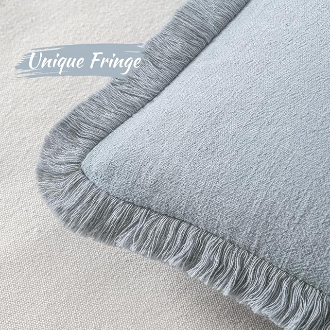 MIULEE Boho Linen Fringe Decorative Throw Pillow Covers Sky Blue 18x18 | Set of - Image 3