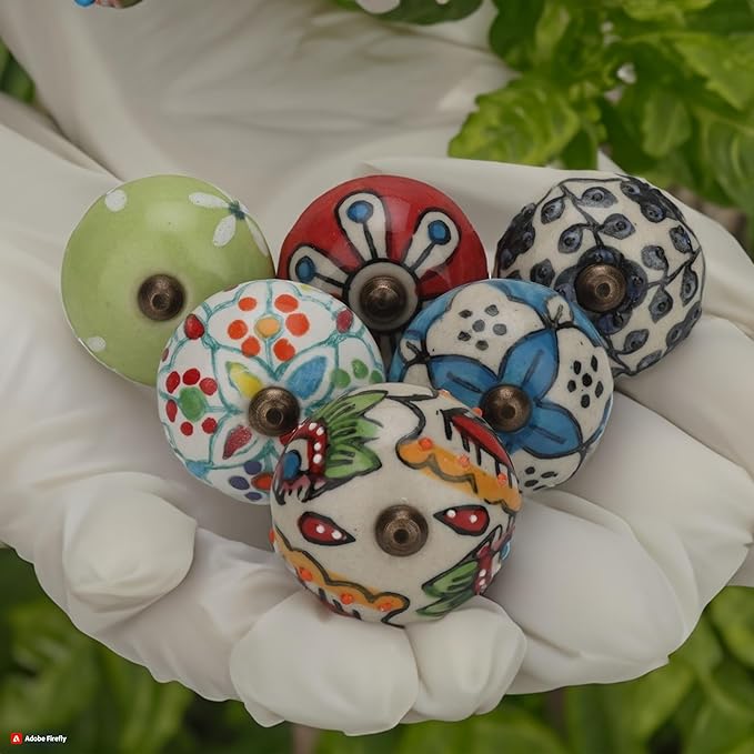 Multicolor Ceramic Knobs for Cupboards and Drawers Assorted Kitchen Cabinet Knob Door Pull Handle for Dresser Wardrobes Boho Home Interior Decor - Pack of 6