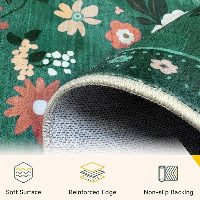 RELEANY Floral Washable 9x12 Area Rugs DarkGreen | Flower Carpet Print Boho - Image 3