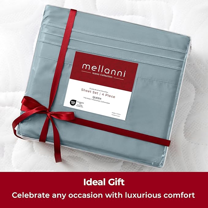 Mellanni Extra Deep Split King Sheets - 5 PC Iconic Collection Bedding - Hotel Luxury, Ultra Soft, Cooling Bed Sheets - Wrinkle, Fade, Stain Resistant (Split King, Spa Blue)