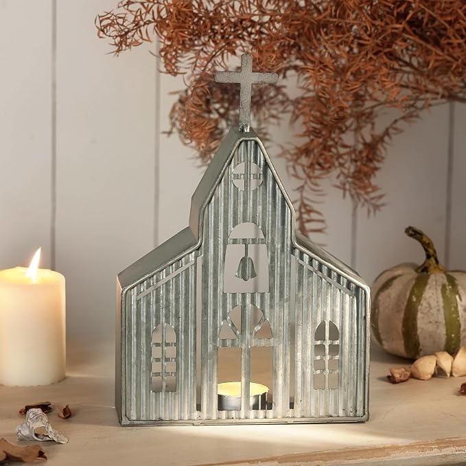 Church Shaped Tea Light Candle Holder Farmhouse Galvanized Metal Candle Holder Vintage Decorative Tealight Holder for Table Centerpiece Decoration - 6.22" x 1.97" x 9.25"