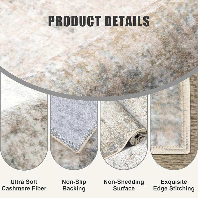 Round Area Rug Living Room: 4 ft Modern Washable Carpet Brown | - Image 5