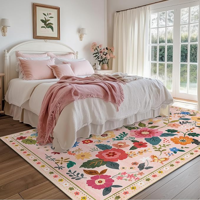 RELEANY Floral Washable 5x7 Area Rugs Pink | Flower Carpet Print Boho Cute Non - Image 8