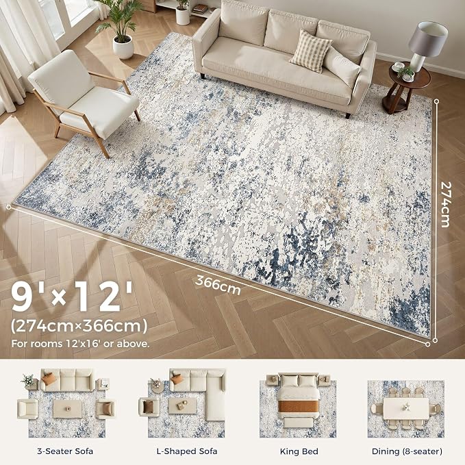 DMOYEST Area Rug Living Room Rugs 9x12 Washable Abstract Beige Blue Carpet | - Image 2