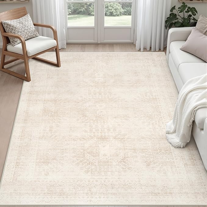 5x7 Area Rugs Living Room: Bedroom Neutral Washable Carpet Beige | Large by Luxturiy