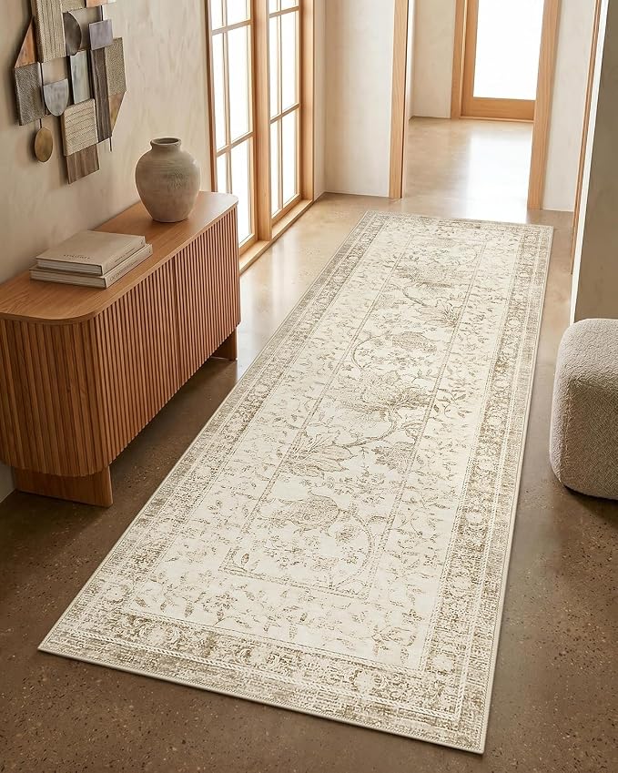 GarveeHome Vintage Beige Washable Kitchen Runner Rug: 2'6" x 8' Hallway Rug Non by GarveeHome