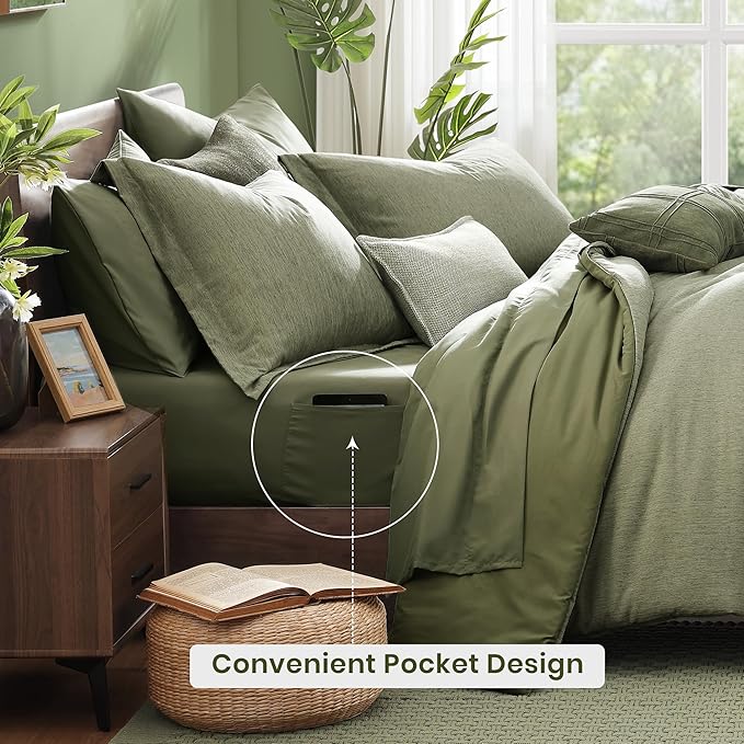 Monbix California King Comforter Set - 7 Pieces Cationic Dyeing Sage Green Bed in a Bag Cal King Bed Sets with Comforter, Sheets, Pillowcases & Shams, Reversible Bedding Comforters Sets (108 * 92)