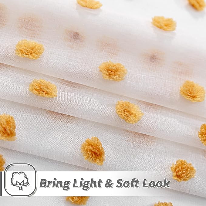 MYSKY HOME Burnt Orange Pom Pom Curtains for Bedroom, Small Windows, Light Filtering, White Sheer, Short Cafe, Bathroom Privacy, Rod Pocket, 52 x 45 inch, 2 Panels